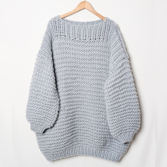 I Love Mr. Mittens Oversized Chunky Sweater Light Grey Crew Neck One Size